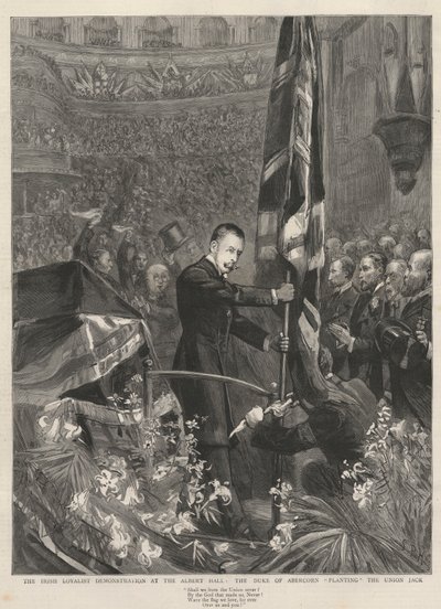 La dimostrazione dei lealisti irlandesi alla Albert Hall, Londra, 1893: il Duca di Abercorn (James Hamilton) (1811-1885) pianta la Union Jack da French School