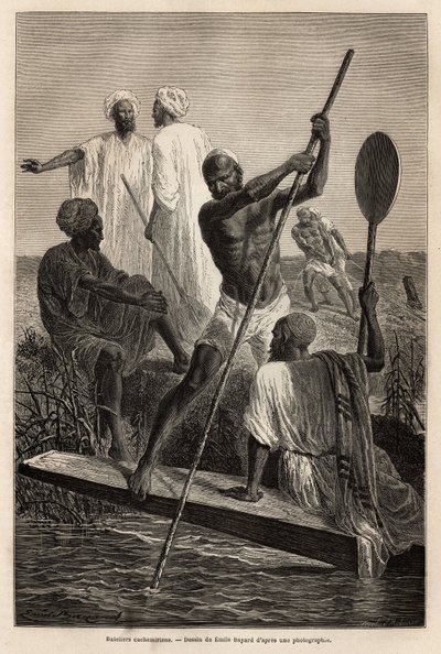 I barcaioli del Kashmir, nei pressi di Srinagar (Shrinagar), al lavoro - Incisione per illustrare la storia del Pandjab e del Kashmir, di Guillaume Lejean nel 1866, pubblicata in "Le tour du monde" 1870-1871, a cura di Edouard Charton, edizione Hachette da French School