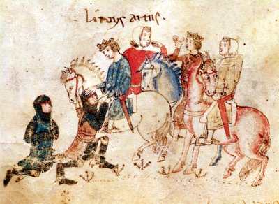 I cavalieri Esclabor e Arphasar offrono i loro servizi a Re Artù, dal Roman de Meliadus da French School