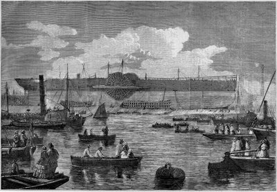 Il "Leviathan" (Great Eastern), il primo grande transatlantico, durante il suo tentativo di varo nel 1857. Incisione in "Le Monde Illustré" n.31 del 14 novembre 1857. da French School
