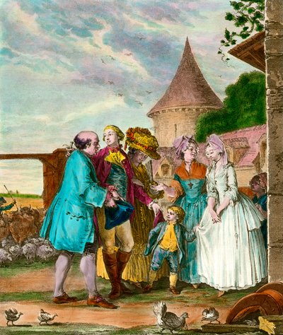 Il Signore e il suo contadino. Incisione del 18° secolo. Collezione privata. da French School