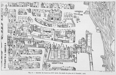 Il quartiere del Louvre nel XVI secolo, facsimile del piano di Truschet da French School