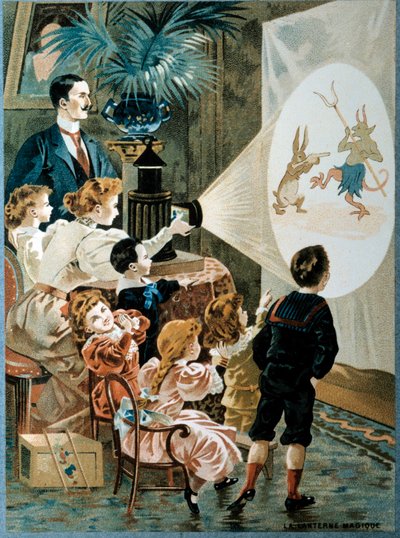 La lanterna magica in famiglia I bambini guardano lo schermo della lanterna magica, XX secolo (cromolitografia) da French School