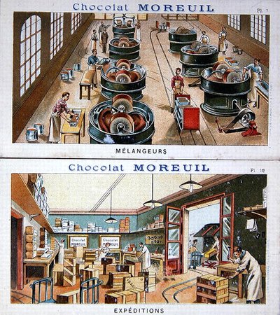 La fabbricazione e distribuzione del cioccolato, immagine pubblicitaria del cioccolato Moreuil da French School