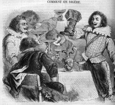 Il marchese François de Bassompierre beve dal suo stivale calderone. Incisione del 1852 da French School