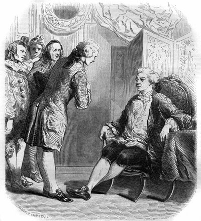 Il Marchese de Puysieulx riceve Philippe Néricault Destouches (1680-1754) e la sua troupe di comici itineranti. Incisione del 1858-1859. da French School