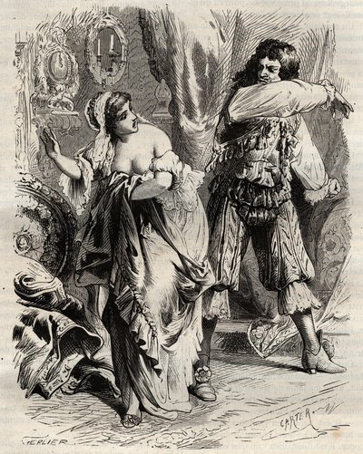 Il Marchese di Montespan, Louis Henri de Pardaillan de Gondrin (1640-1691), schiaffeggia sua moglie, la Marchesa di Montespan (Francoise Athenais) per avergli rifiutato un ordine del Re. Incisione del 1871 in "Histoire Des Cocuses Celebres" di Henry de Koc da French School