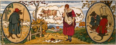 La lattaia e il bidone del latte, da "Favole" di Jean de La Fontaine (1621-95), biglietto da visita dei cioccolatini svizzeri "Peter, Cailler, Kohler" (litografia a colori) da French School