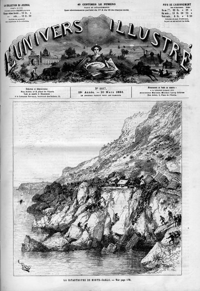 Il disastro di Monte Carlo: incidente ferroviario sulla linea ferroviaria lungo la costa. Un giornale. Incisione in "Le Monde Illustré" da French School