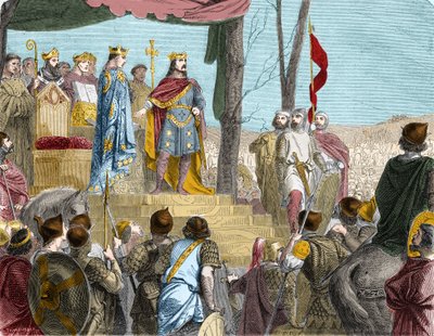 I Giuramenti di Strasburgo tra Ludovico il Germanico (876), sovrano della Francia Orientale, e il suo fratellastro Carlo il Calvo (? 877), sovrano della Francia Occidentale - Il giuramento di Strasburgo: trattato di Verdun, 843. I figli di Ludovico il Pio  da French School