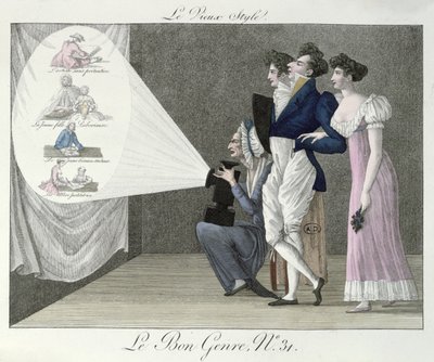 Lo stile antico, guardando una proiezione di immagini del XVIII secolo da un film di lanterna magica, illustrazione da Le Bon Genre da French School