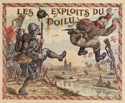Le imprese dei Poilus, spingendo il tedesco oltre il Reno, copertina di un gioco da tavolo, c.1914-15 da French School