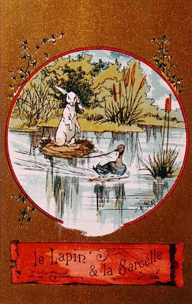 Il Coniglio e il Germano Reale, carta illustrata raffigurante la favola di Jean de la Fontaine (1621-95) c.1880 da French School