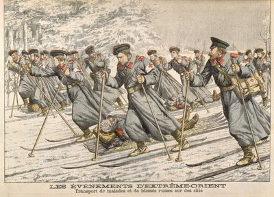 La Croce Rossa trasporta russi feriti sugli sci durante la guerra russo-giapponese (1904-05) da Le Petit Journal, c.1904 da French School