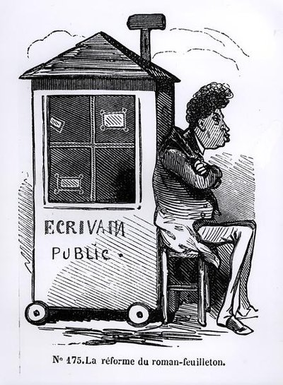 La Riforma del romanzo a puntate, Dumas (1802-70) da una cabina di scrittore pubblico, caricatura da 