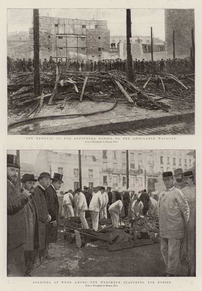 Il recupero dei corpi ritrovati per i carri ambulanze, soldati al lavoro tra i rottami alla ricerca di corpi (incisione) da French School