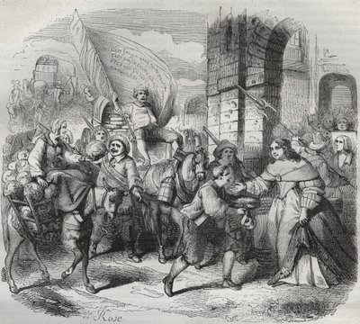 Il ritorno di Gonesse, episodio della Fronda: la “Signora di Parigi” accoglie la “Signora di Aubervilliers” e il “Nouricier Gonesse” venuti a rifornirla. Incisione frondeuse 1649 - incisione in “Parigi attraverso i secoli” di H. Gourdon de Genouillac da French School