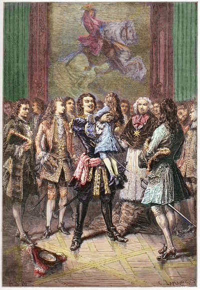 Lo zar russo Pietro I il Grande (1672-1725) tiene in braccio il re Luigi XV a Versailles nel 1717 da French School