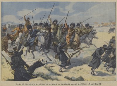 Guerra russo-giapponese: i cosacchi sorprendono una pattuglia giapponese in un raid a nord di Gensan, Corea da French School
