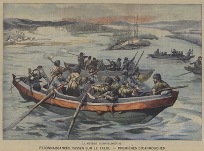 La guerra russo-giapponese: primi scontri durante la ricognizione russa sul fiume Yalu (litografia a colori) da French School