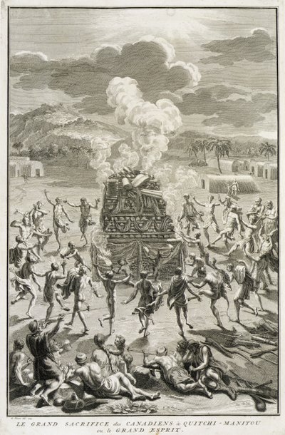 Il sacrificio a Quitchi-Manitou, o Il Grande Spirito, dai canadesi, illustrazione da Cerimonie e usanze religiose, inciso da Bernard Picart (1673-1733) 1723 da French School
