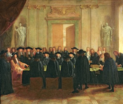 Il sigillo tenuto da Luigi XIV davanti ai membri del Consiglio di Stato e della Corte d