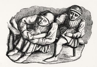 Il calzolaio e il suo cliente, copiato da uno degli stalli della Misericordia nel coro della cattedrale di Rouen, illustrazione da Scienza e Letteratura nel Medioevo e nel Rinascimento da French School