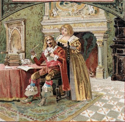 Il signore di Beringhen e Madame du Fargis complottano contro Richelieu (Armand Jean du Plessis, Cardinale di Richelieu (1585-1642), ministro di Luigi XIII, al Castello di Azay-le-Rideau (Indre-et-Loire). Cromolitografia della fine del XIX secolo da French School