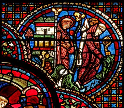 La finestra di San Lubino: parte dalla chiesa con due monaci da French School