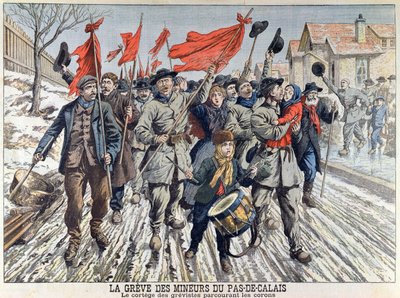 Lo sciopero dei minatori nel Pas-de-Calais, il corteo degli scioperanti nel villaggio minerario, da Le Petit Journal, 1 aprile 1906 da French School
