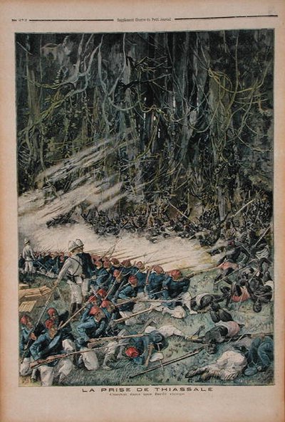 La presa di Thiassale, la battaglia nella foresta pluviale vergine, illustrazione da Le Petit Journal, 26 agosto 1893 da French School