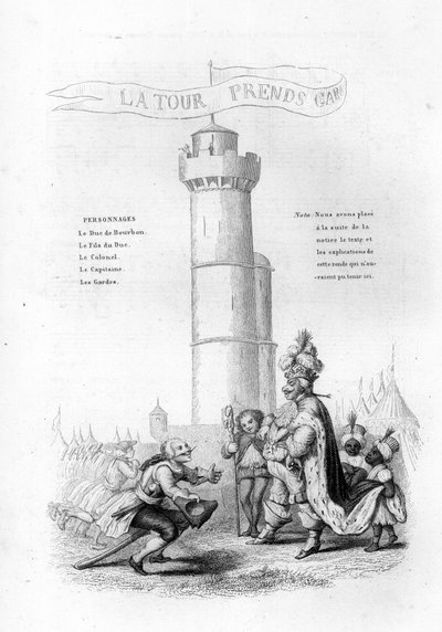La torre è attenta. Un colonnello con un fucile scende dal re, seguito da paggi. Incisione in "Chants et chansons populaire de la France", Tome 2 da French School