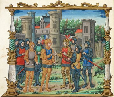 Il Trattato di Conflans (Pace di Conflans) tra Luigi XI e il Duca di Borgogna, miniatura da Memoires di Philippe de Commines, manoscritto, folio 32 verso, Francia XVI secolo da French School
