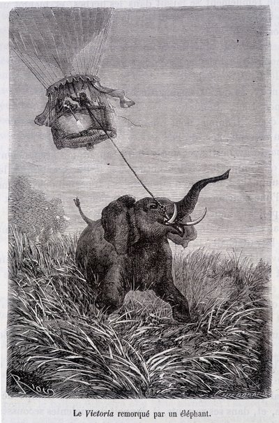 La Victoria trainata da un elefante - in "Cinque settimane in pallone", romanzo di Jules Verne da French School