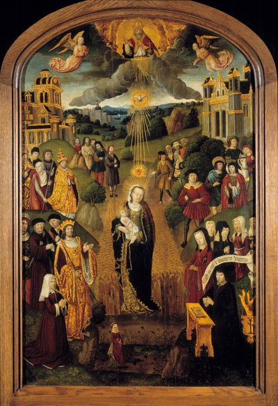 La Vergine con il grano Re Luigi XII (1462-1515) e Papa Alessandro VI (1431-1503) sono presenti. Dio Onnipotente che tiene il Globo benedice la scena mentre lo Spirito Santo protegge la Vergine e il Bambino da French School