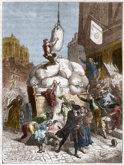 La Guerra delle Farine: saccheggio delle panetterie a Parigi, intorno al 1775 (prima della Rivoluzione Francese) (incisione) da French School