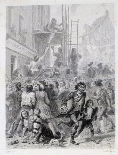La Guerra delle Farine: rivolta davanti a una panetteria nel maggio 1775 (primi frutti della Rivoluzione Francese) da French School
