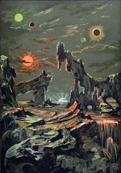 Il mondo di quattro lune e quattro soli, illustrazione da LAstronomie Populaire scritto da Camille Flammarion, 1881 da French School