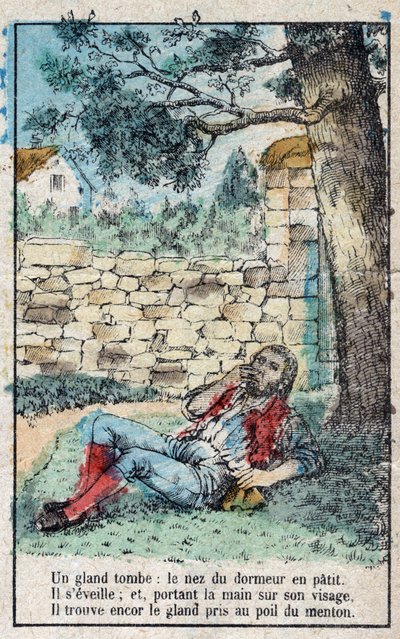 La ghianda e la zucca. Favole di Jean de La Fontaine (1621-95). Immagine di Epinal fine XIX secolo da French School