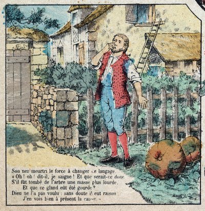 La ghianda e la zucca. Favole di Jean de La Fontaine (1621-95). Immagine di Epinal della fine del XIX secolo. da French School