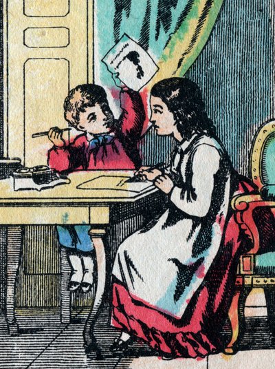 Le attività per ragazze di buone famiglie: aiutare un fratellino nei compiti - Immagine di Epinal - XIX secolo da French School