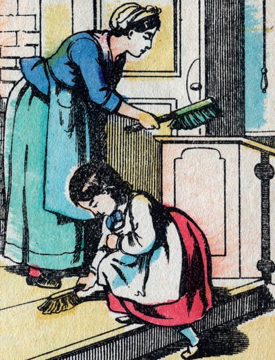 Le attività per le ragazze di buona famiglia: i lavori domestici - Immagine di Epinal - XIX secolo (incisione) da French School