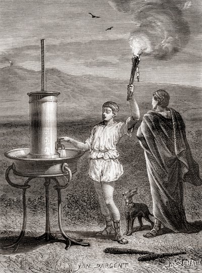 Il sistema di semaforo idraulico greco antico utilizzato da Enea per inviare un messaggio, IV secolo a.C., da Les Merveilles de la Science, pubblicato c.1870 da French School