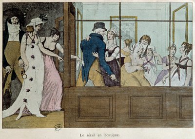 Il negozio degli appuntamenti: il serraglio nel negozio Una casa di tolleranza al Palais Royal di Parigi. Litografia dell