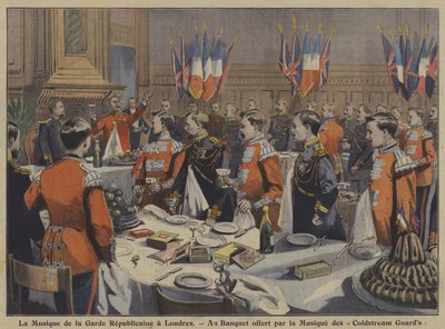 La banda della Guardia Repubblicana Francese a un banchetto ospitato dalla banda delle Coldstream Guards a Londra (litografia a colori) da French School