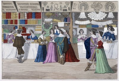Le boutique della galleria del tribunale sotto Luigi XIII - in “Paris à travers les siècles” da French School