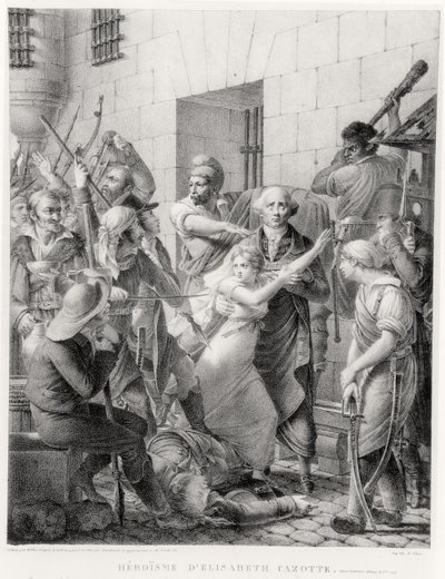 Il coraggio di Elisabeth Cazotte che protegge suo padre dalla folla (incisione) da French School
