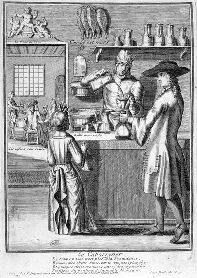 Il cabarettiere che prepara la caraffa di vino - incisione da French School