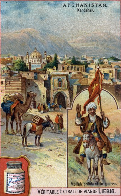 La città di Kandahar in Afghanistan con un Mullah che predica la guerra. Cromolitografia pubblicitaria del XIX secolo da French School