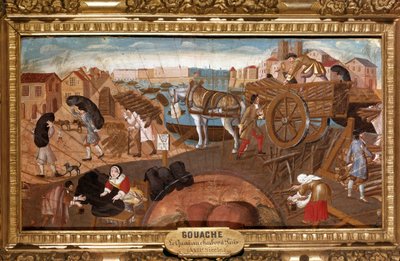 Il molo del carbone a Parigi Scena del commercio del carbone nelle strade di Parigi. Dipinto anonimo su ventaglio della Scuola Francese del XVII secolo. Reims, Museo Saint Denis da French School